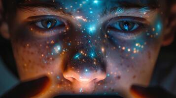 A closeup of a students face reveals their intense focus as they use a digital star map on their phone to identify celestial objects in the night sky photo