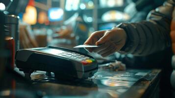 A persons hand swiping a credit card on a wireless payment device demonstrating the convenience of technology in the payment process photo