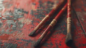 A set of ancient Chinese calligraphy brushes and ink stones symbolizing the teachings of Confucianism and the importance of writing photo