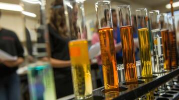 An image of multiple test tubes filled with colorful liquids sitting on a rack in a research lab on the farm while students observe and take notes photo