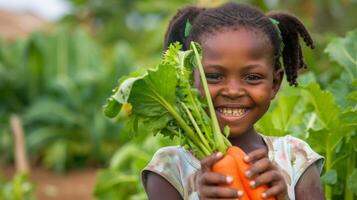 A closeup of a students face beaming with pride as they hold up a freshly harvested vegetable a symbol of their hard work and dedication to their educational journey in agriculture photo