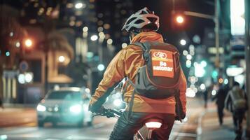A photo of a person in reflective gear riding a bicycle at night with a sign in the background that reads Be Seen Be Safe Use Reflectors and Lights
