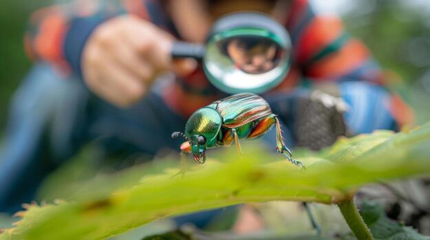 A student kneels down to examine a colorful beetle crawling on a leaf. With a magnifying glass in hand they are able to closely observe the intricate details and pattern photo