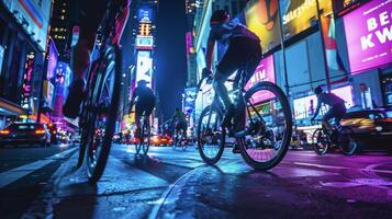 In the foreground a group of cyclists ride along a dedicated lane through an illuminated cityscape with colorful signs and banners proclaiming the area as bikefriendly photo