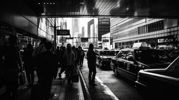 A somber black and white image of a crowded taxi stand with the shadowy figures of passengers waiting for their rides surrounded by tall buildings in the background photo