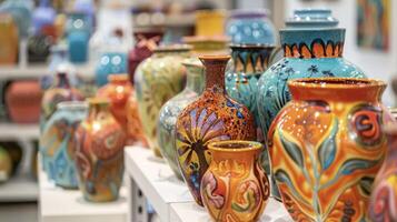 A variety of handpainted pottery on display each piece showcasing unique designs and vibrant colors photo