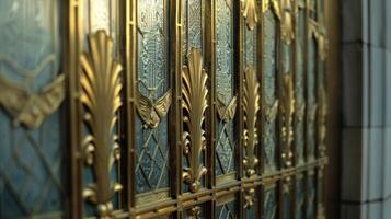 A closeup of a window panel in an Art Deco building showcasing intricate gold designs on the window frame. The combination of metallic gold and frosted glass gives the windo photo