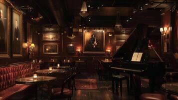 Inside a dimly lit jazz club the smooth sounds of saxophones and pianos fill the room as singers croon on stage. The intimate setting creates a cozy and classy atmospher photo