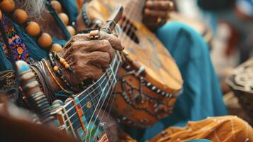 A musician playing traditional instruments and mesmerizing the crowd with their talent adding to the cultural ambiance of the market photo