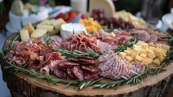 A colorful spread of organic meats and cheeses sourced from local farms and displayed on a rustic wooden platter inviting guests to savor each unique flavor photo