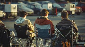 un grupo de amigos sentado en plegable sillas en un estacionamiento lote inspeccionando y pruebas fuera segunda mano electrónica desde un comunidad intercambiar reunirse foto