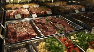 An assortment of visually appealing fresh s of beef chicken and pork carefully arranged and labeled in a pristine glass display case photo