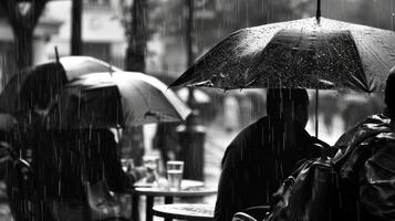 People hurry by outside covered by umbrellas while the warmth and comfort of the bustling cafe offer a respite from the storm photo