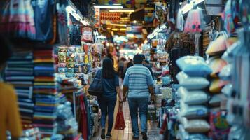 Busy shoppers maneuvering through narrow aisles surrounded by stacks of merchandise in a vibrant and chaotic scene photo