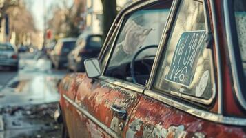A handwritten for sale sign sticking out of the window of a beatup car parked on the side of the road with its owner eagerly discussing its features with a potential buyer photo