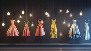 A display of haute couture ensembles hanging on a string of lightbulbs creating a whimsical and dreamy atmosphere photo