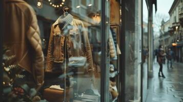 A stylish storefront featuring a window exhibit of a carefully curated outfit catching the attention of potential customers walking by photo