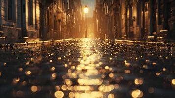 A lone streetlamp casts a warm golden light over a cobblestone street as raindrops trickle down its slick surface. The buildings on either side seem to shimmer and blend int photo