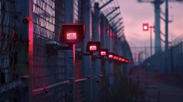Infrared sensors and motion detectors line the perimeter of a sprawling industrial complex detecting and alerting security personnel to any unauthorized activity photo