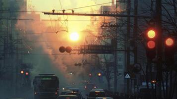 The harsh artificial glare of street lights and traffic signals fight against the warm soft light of the setting sun creating a visual representation of the battle betwee photo