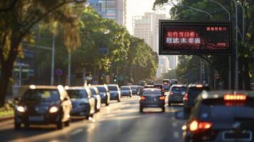 A digital sign displaying realtime traffic conditions informs drivers of alternate routes and suggests the best route to their destination based on current congestion levels photo