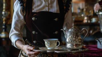 A wellgroomed server with a neat bun and crisp apron presents a tray of coffee to an elegantly dressed guest. The silver coffee cups and tray complement the intricate design photo