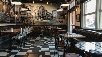 This cozy cafe has a vintage feel with black and white checkered floors and a leather banquette along one wall. The tables are adorned with black and white gingham tablecloth photo
