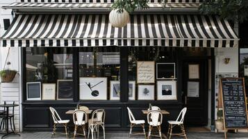 A black and white striped awning shades the outdoor seating area of this cafe which features bistrostyle chairs and small round tables. Inside the walls are adorned with blac photo