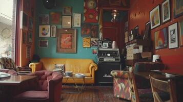 A quaint and eclectic coffee spot with mismatched furniture and colorful walls adorned with artwork. The highlight of the space is an old record player providing a soundtrac photo