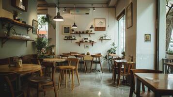 A cozy cafe with a minimalist layout showcasing simple furniture and a neutral color palette photo