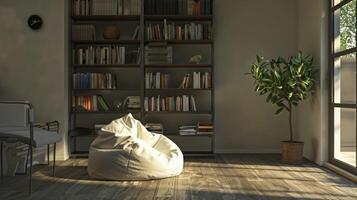 A minimalist reading area with a simply designed bookshelf a comfortable beanbag chair and ambient background music for a calming reading experience photo