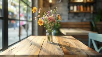 A simple wooden table with a single vase of fresh flowers in the center adding a pop of color and freshness to the cafes interior. The smooth finish of the tables surfac photo