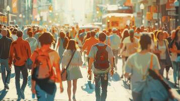 The hustle and bustle of street life is captured in a vibrant image of people of all ages and backgrounds walking biking and shopping in a busy city center photo