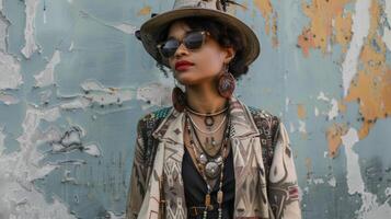 A woman poses confidently in a vintageinspired outfit with a mix of soft patterns and bold textures. She accessorizes with layered necklaces and a statement hat showcasin photo