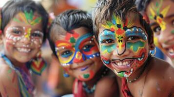 Children with their faces painted in bright designs giggling and playing games in a crowd of similarly adorned kids all part of the lively and lively atmosphere of the festival photo