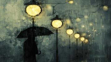 A shadowy figure walking under a string of street lamps their umbrella struggling to shield them from the steady stream of rain photo