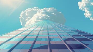 From street level the immense height of a modern highrise can be truly appreciated as it seemingly disappears into the sky a towering symbol of human progress photo