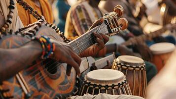 A group of musicians playing traditional instruments amidst a sea of people their music filling the air with a fusion of different cultural sounds and rhythms photo