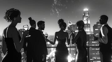 A group of stylish friends enjoying a rooftop cocktail party all dressed in varying shades of black and white creating a striking visual impact against the city skyline photo