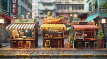 A vibrant streetside scene featuring a variety of BBQ and grill vendors each with their own unique menu and cooking techniques. The aromas of woodfired kebabs juicy burger photo