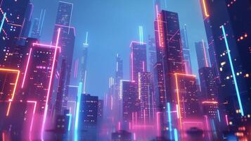 Dynamic images of a digital metropolis illuminated by a sea of neon lights promising an immersive virtual experience photo