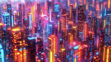 A zoomed out view of a citys skyline at night with the glowing neon lights and litup digital billboards standing out as symbols of the considerable energy use and environmenta photo