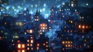 The contrast between the dark quiet streets of a quaint nighttime village and the neon glow of a modern city skyline is captured in this photo