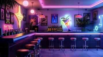 A kitschy and retrothemed bar adorned with vintage posters and neon signs serving up unconventional concoctions like smoked martinis and y tequila shots photo