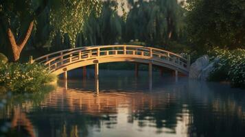A serene and intimate moment captured at the golden hour as the bridge and its surroundings reflect the peacefulness of the evening photo