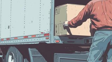 A closeup image of a truck driver loading products onto a trailer with a sign on the side of the truck reading Transporting goods from local suppliers. The caption reads Reshorin photo