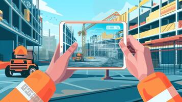 A workers hand holding a tablet with an augmented reality app displaying realtime safety updates and notifications for potential hazards in the area photo