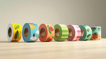 A series of colorful labels adorn rolls of ecofriendly packaging tape made from natural and renewable materials for a more environmentally friendly shipping process photo