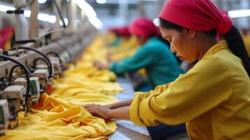 A group of workers in a reshored textile plant manually stitching and finishing garments. This image symbolizes the return of jobs to the local workforce providing employmen photo