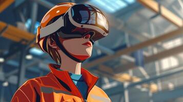 A closeup of a young apprentice wearing a virtual reality headset fully immersed in a simulation that mimics the realworld tasks of their job. This image showcases the incorporatio photo